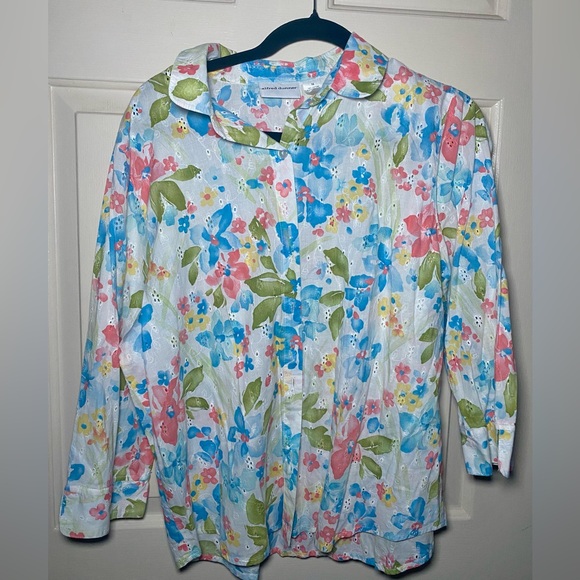 Alfred Dunner Tops - Alfred Dunner Womens White Floral Collared Cotton Loose Eyelet‎ Size 16